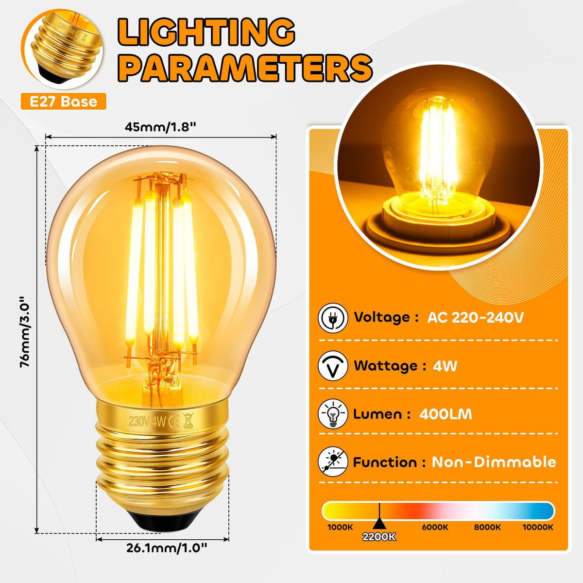 Caldarax Vintage Light Bulb E27 Edison Screw Bulb, 2W LED Filament Equivalent 20 Watt, Antique Style Retro Amber Glass 2200K Warm White, 200LM, AC 220V, Non-dimmable, Golf Ball G45 Bulb, 2 Packs