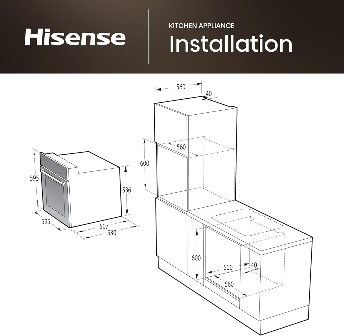 Hisense BI62020ABGUK - Built-in 60L Electric Single Oven - Black - 530x595x595 mm (DxWxH) - A Rated, Extra Large
