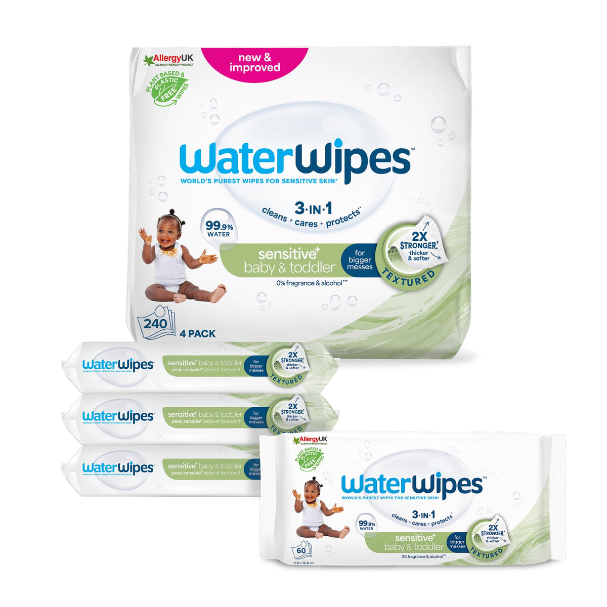 WaterWipes Sensitive+ Baby & Toddler Wipes, 99.9% Water, Unscented, 12 Pack