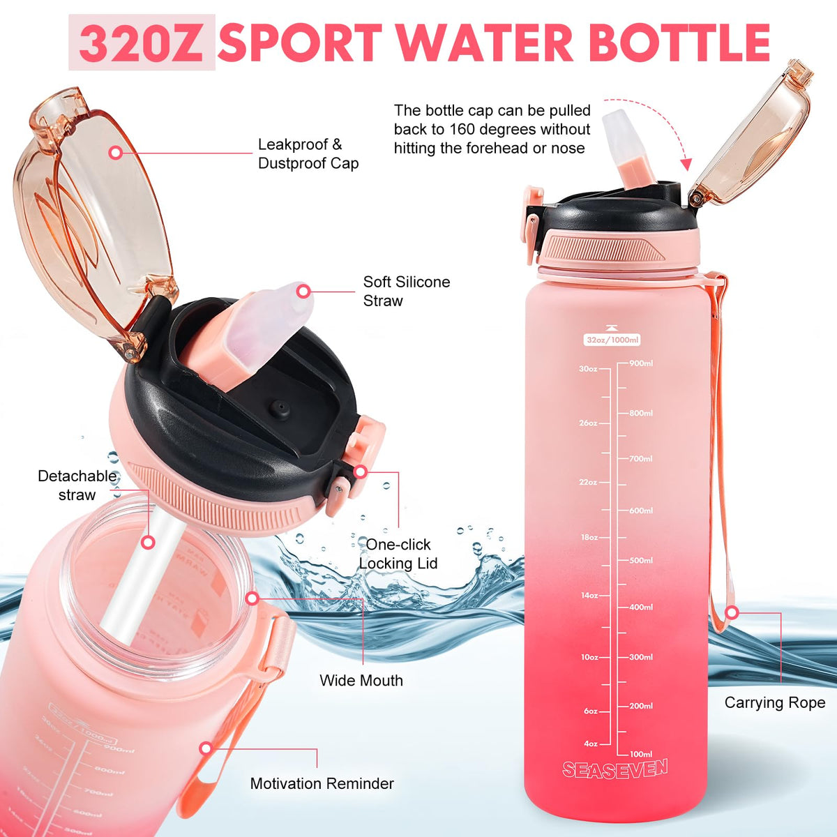 SEASEVEN Flat Water Bottle 750ML for Gym,School Office(Flat Pink)
