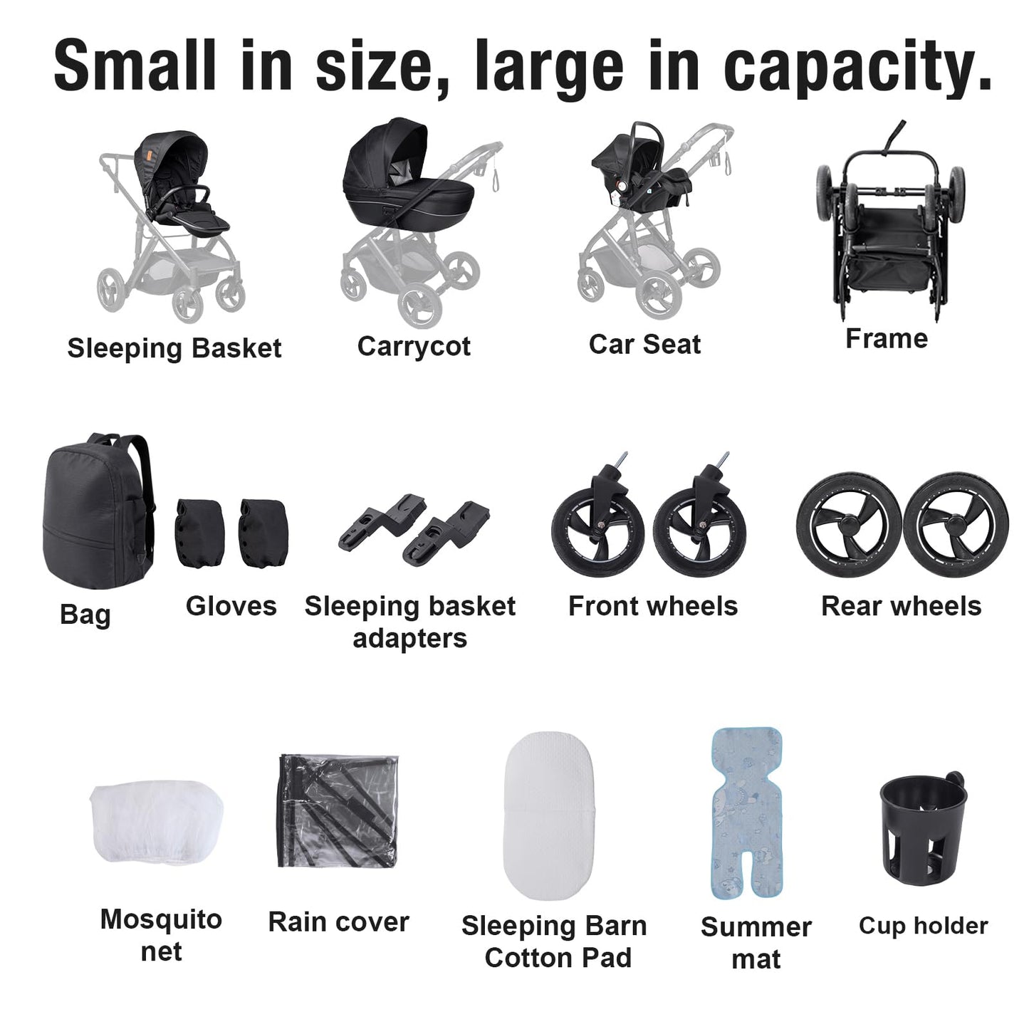 PU Leather 3 in 1 Pushchair Travel System, Toddler Stroller, Baby Pram 3 in 1, Infant Carriage with One-Click Folding, Newborn Buggy with Aluminum Frame (V6 Black)