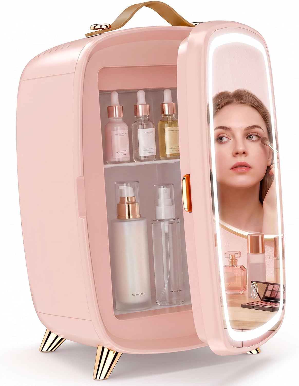 HOMCOM 6L Mini Fridge with LED Mirror, 26dB Quiet Operation, Pink