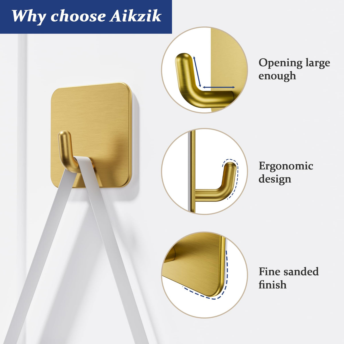 Aikzik 6 Pack Self Adhesive Hooks, Stainless Steel Sticky Hook Heavy Duty, Over 8kg Load - Hooks for Hanging for Towel, Coat, Key, Stick on Bathroom, Kitchen, Door and Wall, Black