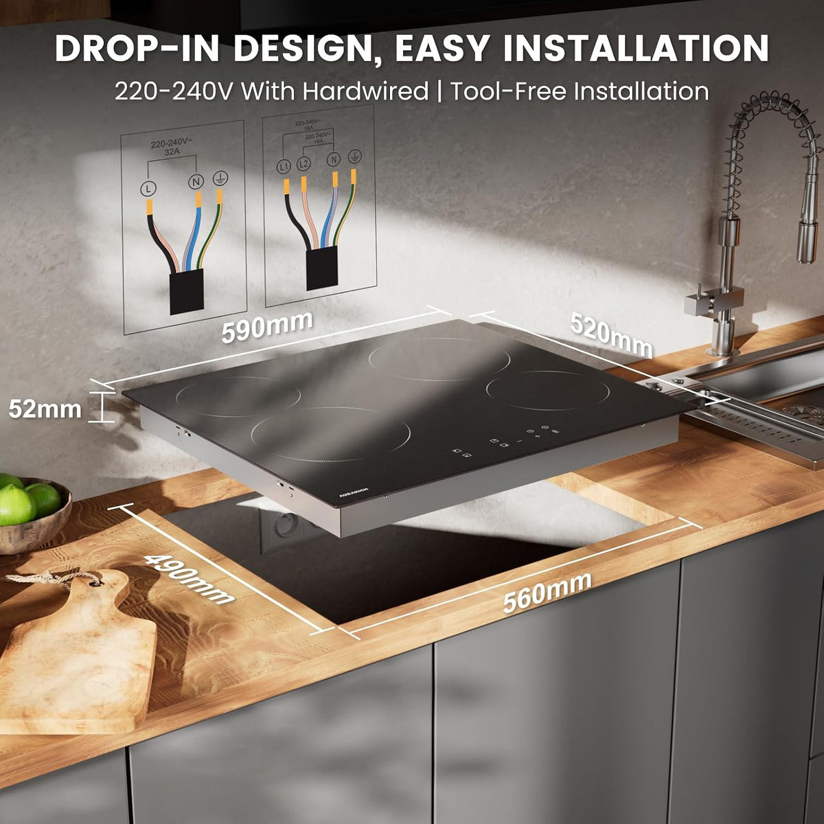 Ceramic Hob 59cm 4 Zone Built-in, Abrasion-Resistant Glass