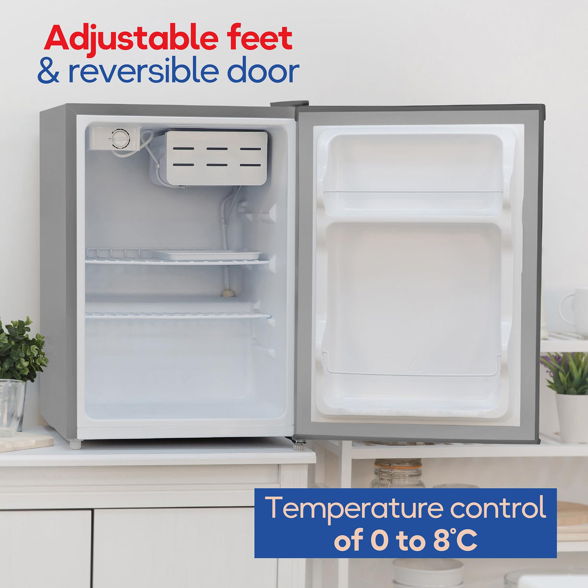 Russell Hobbs Table Top Larder Mini Fridge 66L Capacity, Reversible Door & Adjustable Feet, 0 to 8 Degrees Manual Temperature Control, Silver RH67TTLF0E1SS