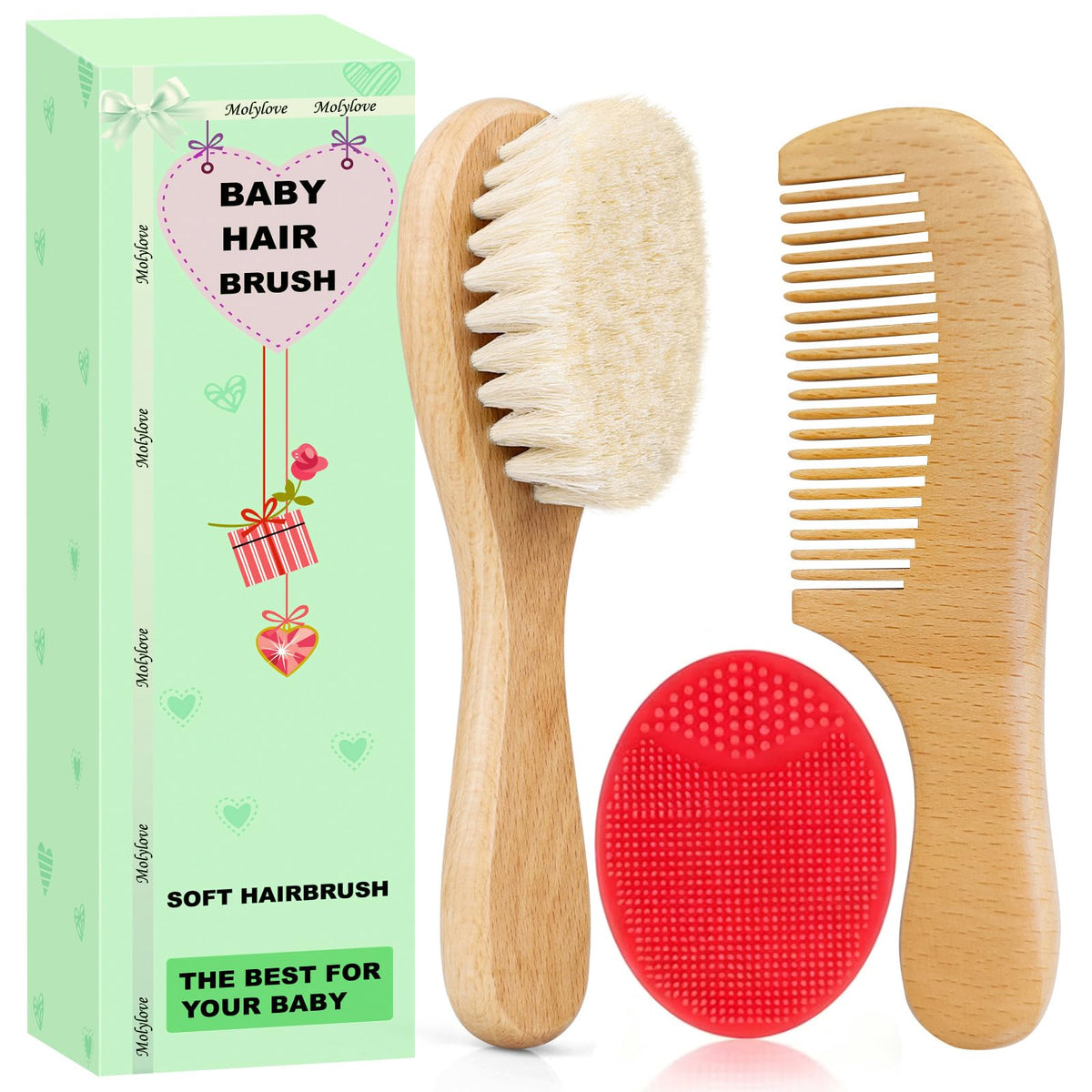 3PCS Baby Hair Brush with Wooden Handle and Comb Set for Newborns & Toddlers | Natural Soft Goat Bristles l Wood Comb l Green Cradle Cap Brush | Ideal for Cradle Cap