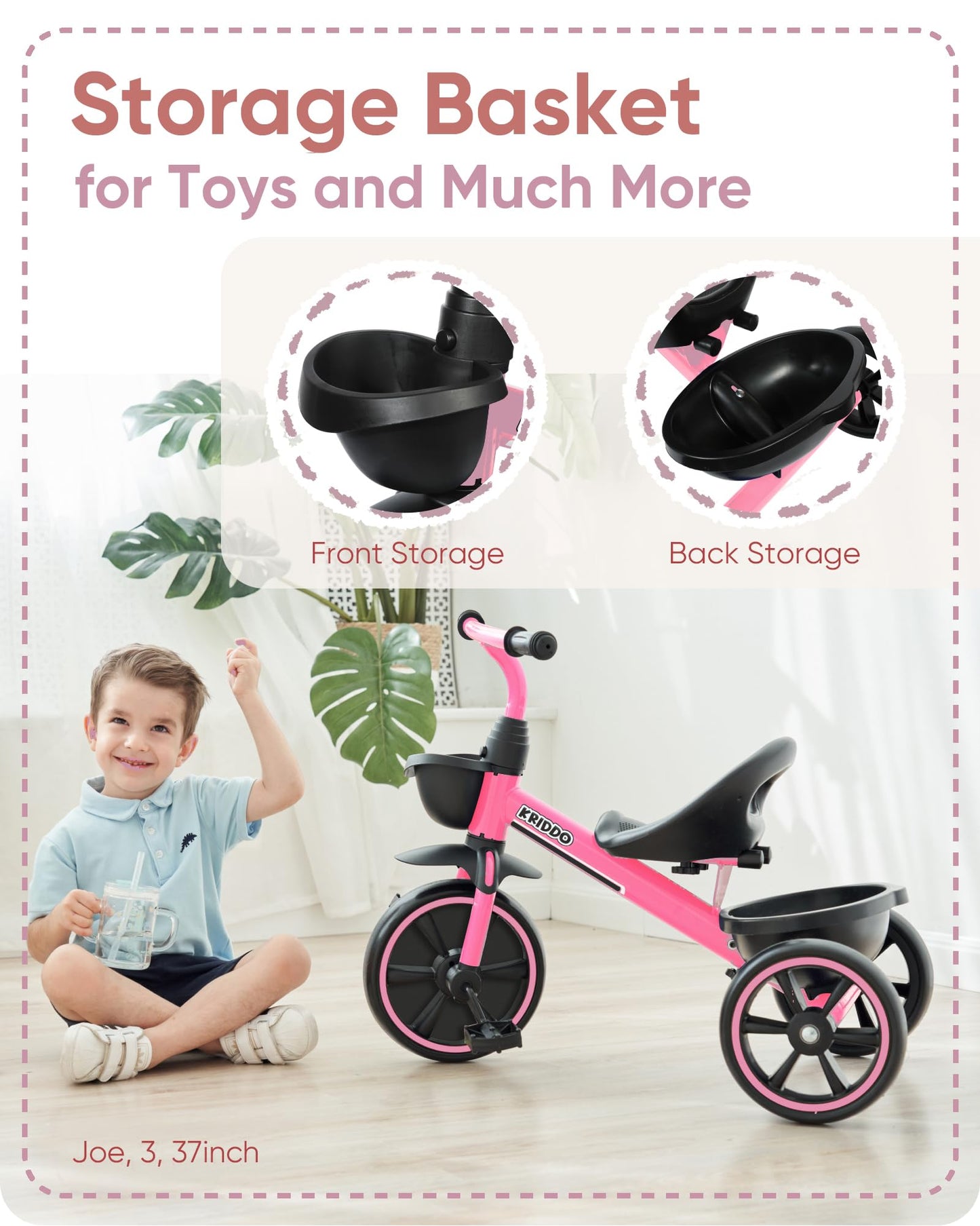 KRIDDO Toddler Tricycle — Anti-Tip Design, BPA-Free | Ages 18 Months to 4 Years | Pink