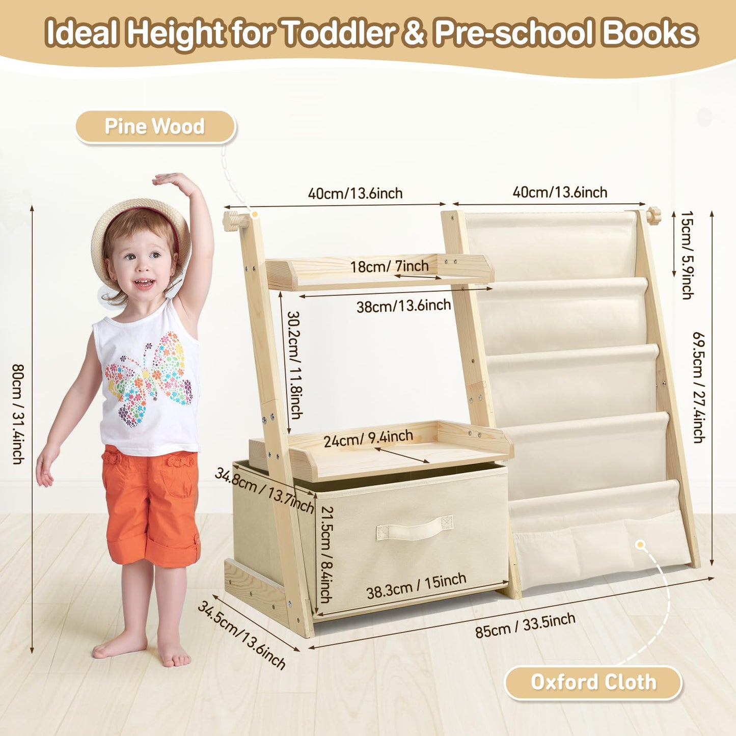 Kids Bookshelf and Toy Storage, Montessori Wooden Children Bookcase and Toy Organizer, 4-tier Toddler Sling Book Shelf with a Large Storage Box for Nursery, Bedroom, Playroom (Terrazzo)