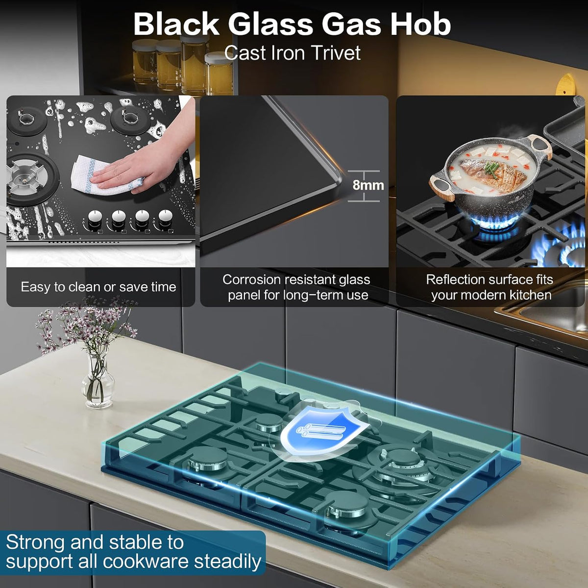 TopStrong Gas Hob 4 Burners, 60cm Black Glass Built-in Cooktop with 8060W Wok Burner & Thermocouple Protection, Natural Gas & LPG Compatible