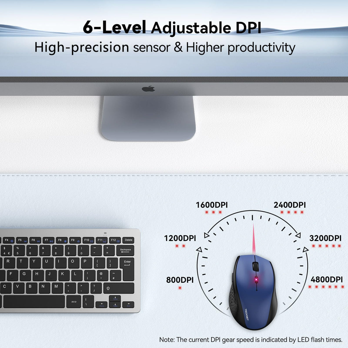 TECKNET Wireless Mouse for Laptop, 4800 DPI Optical Computer Mice with 6 Adjustable Levels, 30 Months Long Battery Life 2.4G Cordless USB Silent Mouse for Notebook, PC, Office Home Work -Grey