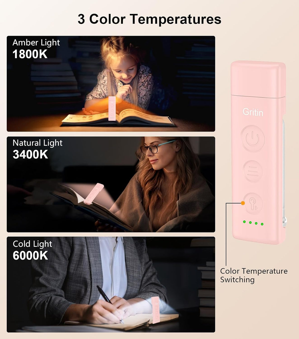 Gritin Book Light Rechargeable, Reading Light Lamp Clip on Book for Reading