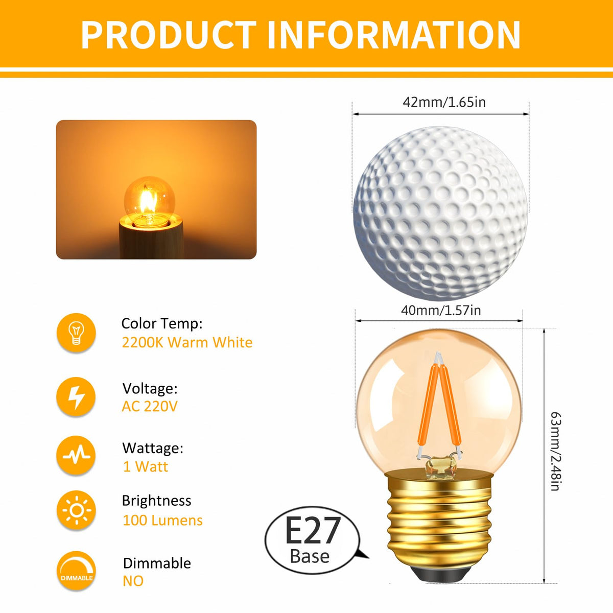Caldarax 0.5W E14 LED Vintage Night Light Bulb, Mini C7 LED Filament Candle Bulbs Amber Warm White 2200K E14 Orange SES Small Edison Screw Salt Lamp Bulbs, 5W Equivalent, Non Dimmable, 2 Pack