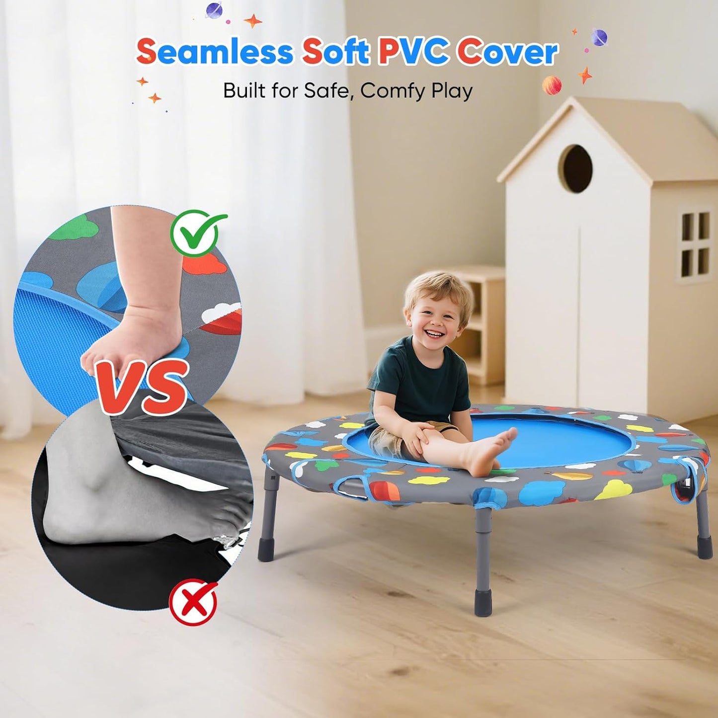 Foldable Fitness Trampoline with 100 Balls Ball Pit, Low Noise Adjustable Safety Cover and Removable Handlebar, Reinforced Oxford Fabric Quiet Exercise Rebounder for Kids Adults, Max Load 150kg