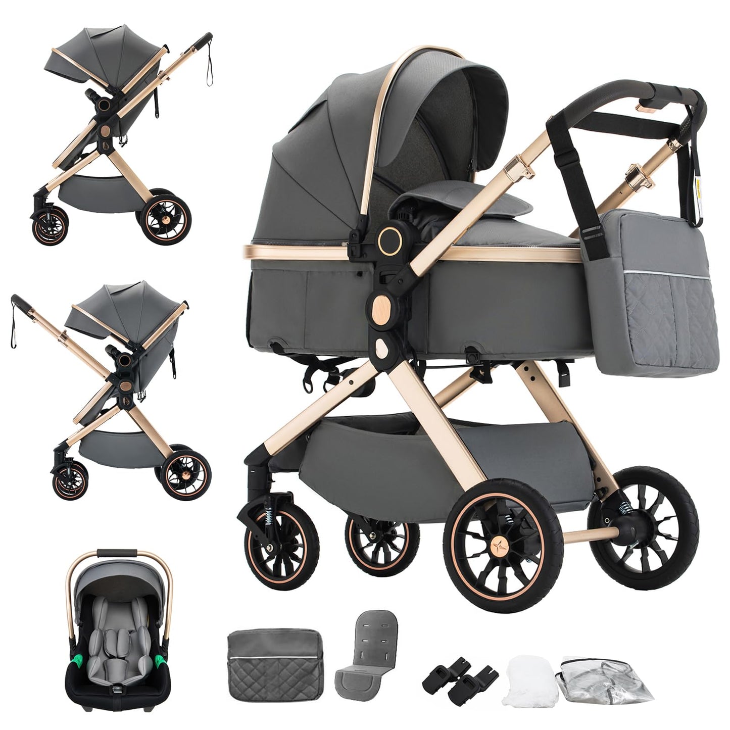 BEBBY Stroller 3-in-1 Baby 3 in 1 with Seat with Foldable Aluminium Frame, Compact Stroller with Adjustable Armrests, Combined Strollers,High Landscape Travel Pushchair (gen-H9-PINK, H9)