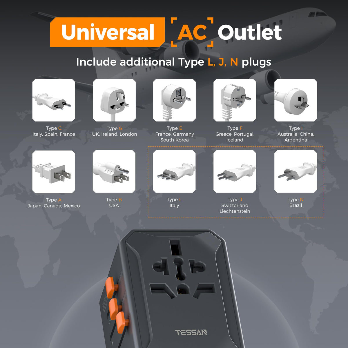 TESSAN Universal Travel Adapter Worldwide with 2 USB C and 2 USB A Ports