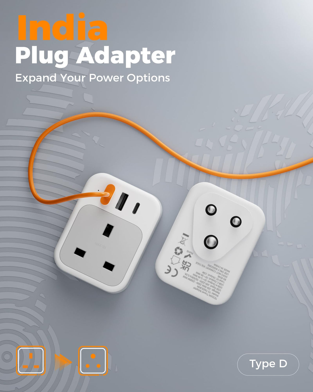 TESSAN UK to South Africa Plug Adapter, Type M Travel Adaptor with USB C
