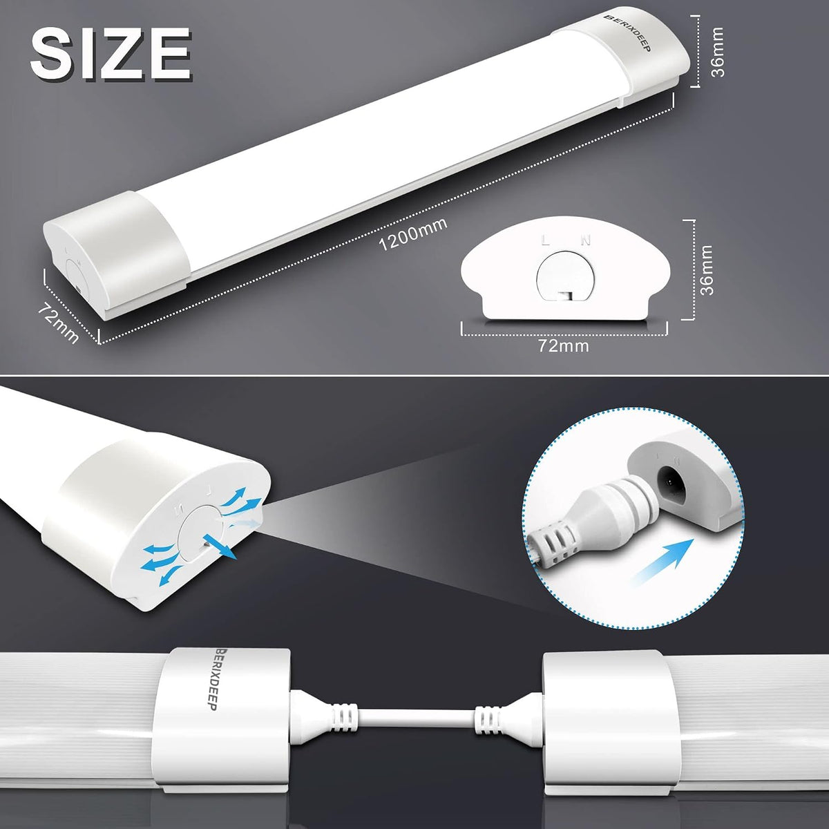 Plug and Play LED Batten Light 4ft with 3m Cable, 36w, 6500K