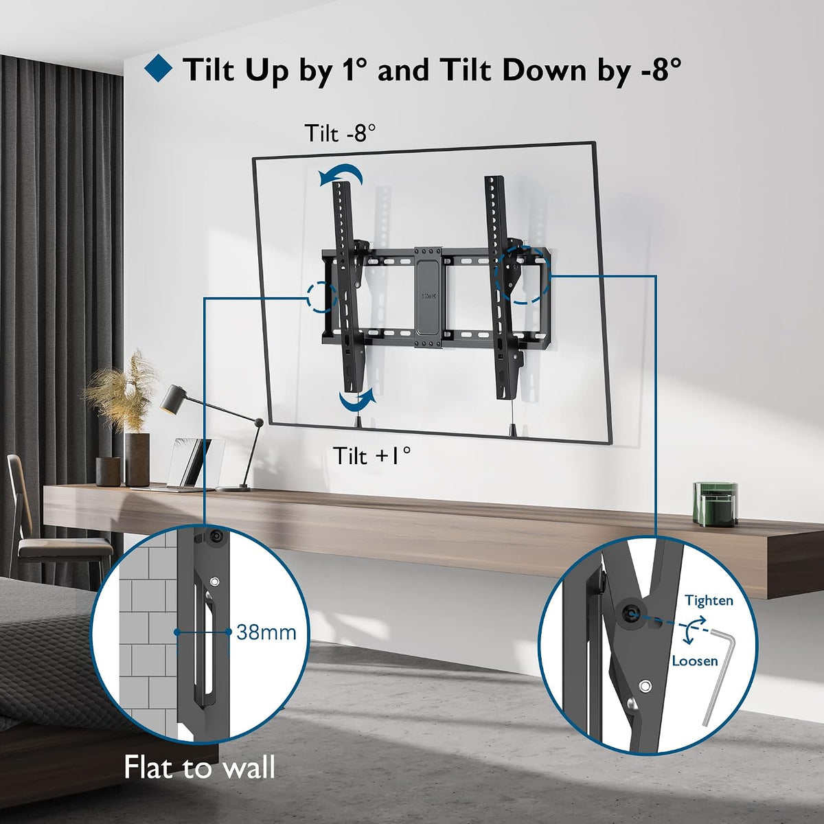 BONTEC TV Wall Bracket for 37-82 Inch TVs, Tilt TV Wall Mount, Up to 60 kg