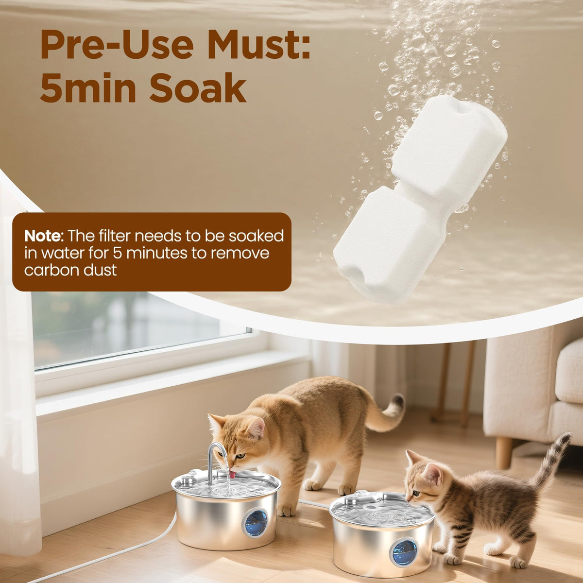 Cat Water Fountain Stainless Steel: Water Fountain Cat Bowl - 3.2L Drinking Fountains for Cats - Pet Water Dispenser - with 6 Carbon Filters + 3 Sponges
