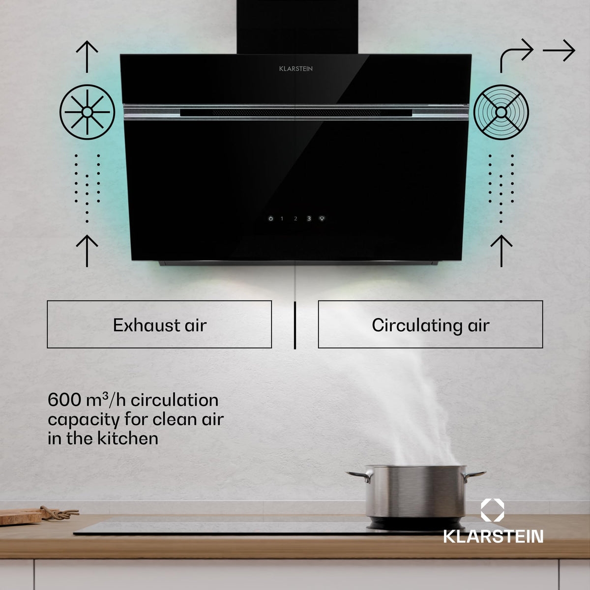 Klarstein Alina 90 Angled Cooker Hood - 615m³/h Air Flow, Touch Panel, LED Backlighting, Quiet 63dB, Energy Class A, 90cm Extractor Hood, Black