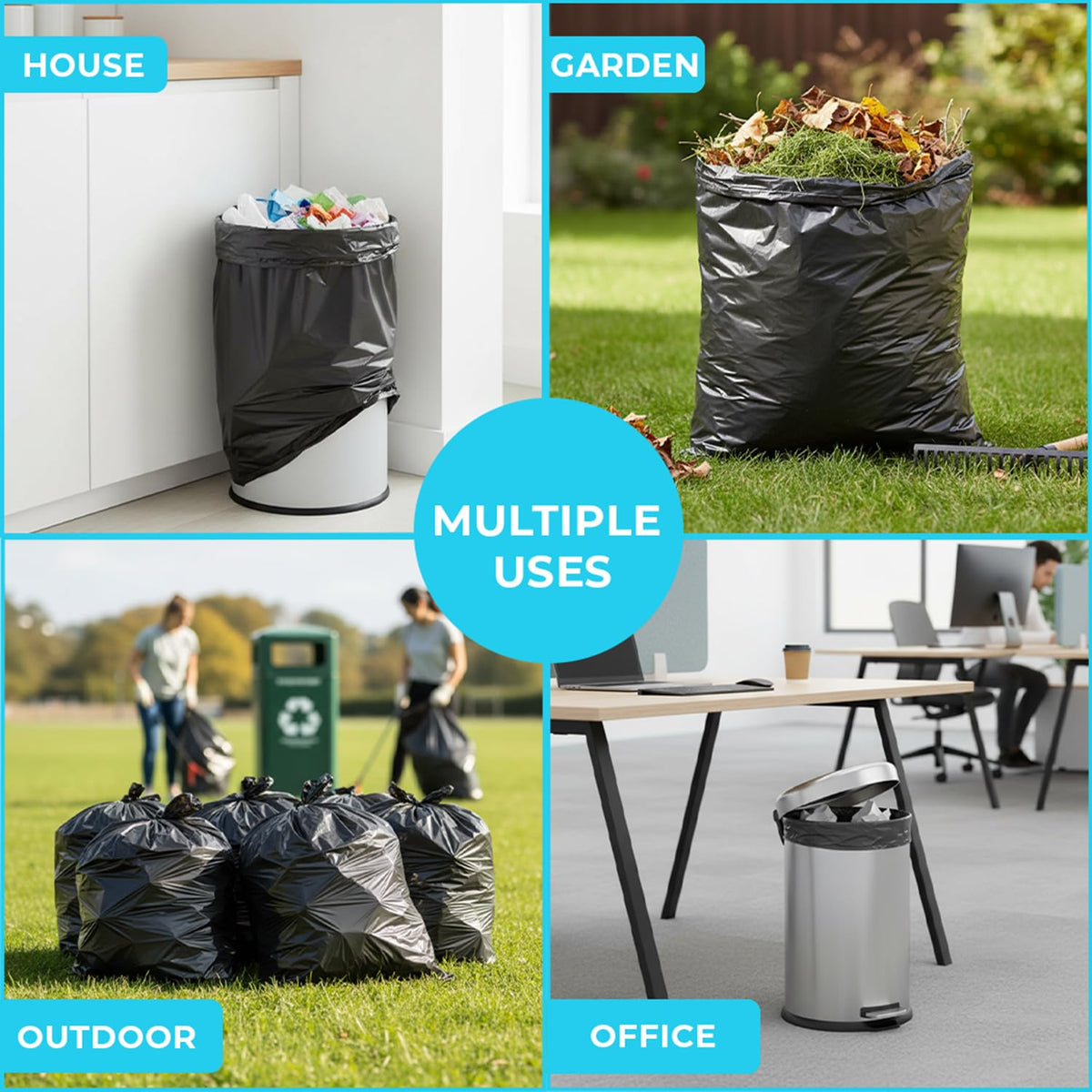 Roe Tenpo 100 Pack Heavy Duty Black Bin Bags – 100L, 33 μm Recyclable Refuse Sacks, Leak-Proof Bin Liners – Rubbish Bags for Kitchen, Home, DIY & Garden, Household, Office & Catering