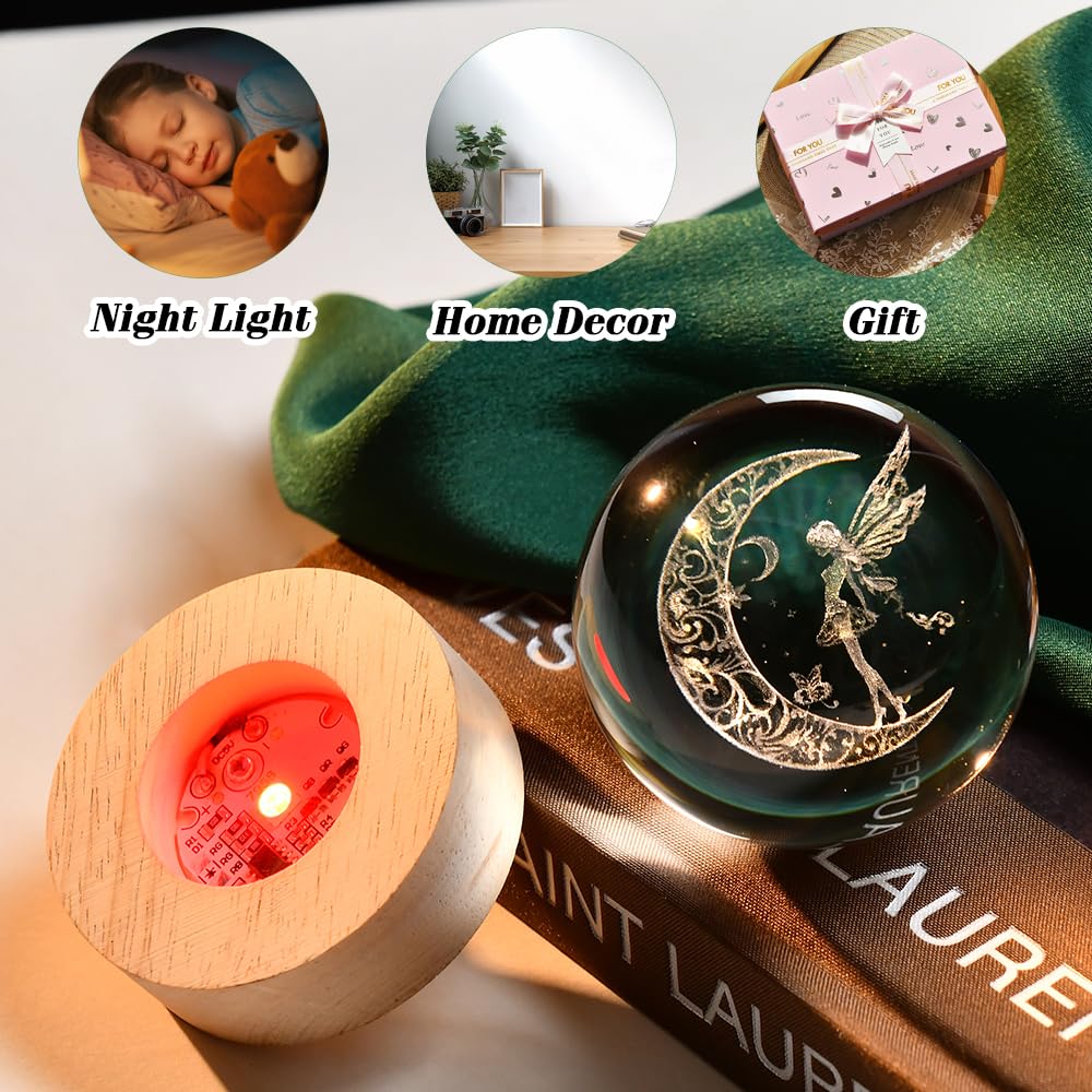 3D Fairy Crystal Ball 60mm Glass Fairy with Flower Night Light Gifts for Girl Women with Light Base