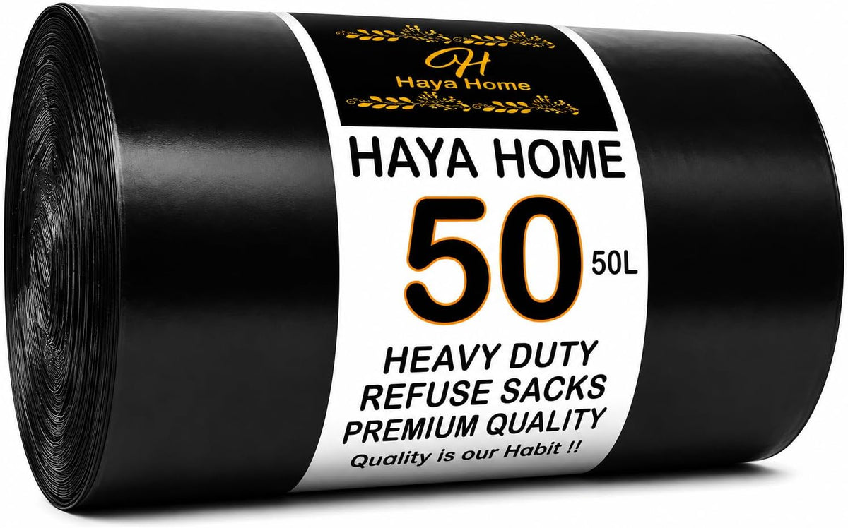 Haya Home 50L 50 Bin Bags Heavy Duty Bin Liners, Black Plastic Refuse Sacks large Garbage Waste Dustbin Bags for Kitchen Home Office DIY Garden from 100% Recycled Material