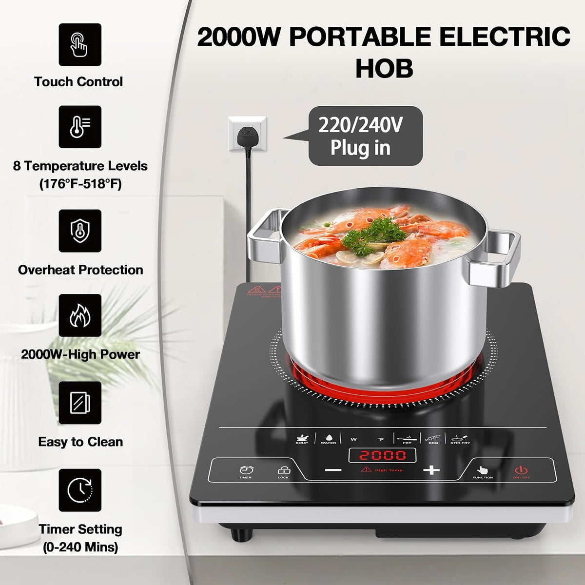 VBGK Portable Ceramic Hob, 2000W Pulg in Single Electric Hob, Portable Electric Hob with Digital LED Touch Controls, 10 Power Levels, 4-Hour Timer, Child Safety Lock, Black