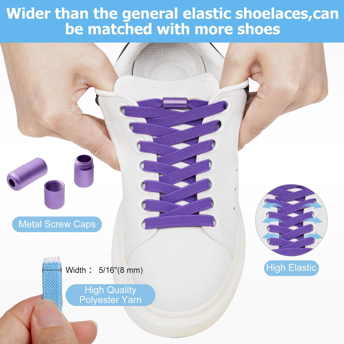 2 Pairs Elastic Shoe Laces for Trainers, 8mm Shoelace