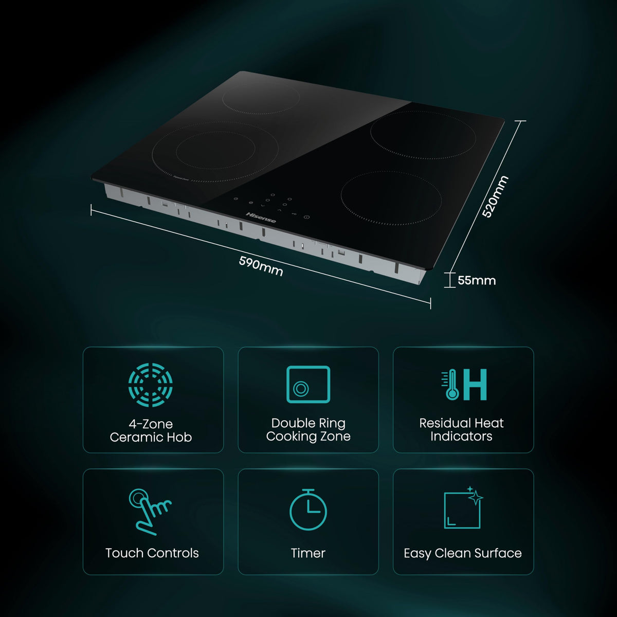 Hisense E6432C Built-in 60cm Electric Ceramic Hob with Child Lock, Touch control, Timer Function - Black 7200W, 20 x 24 x 2 inches (L x W x H)