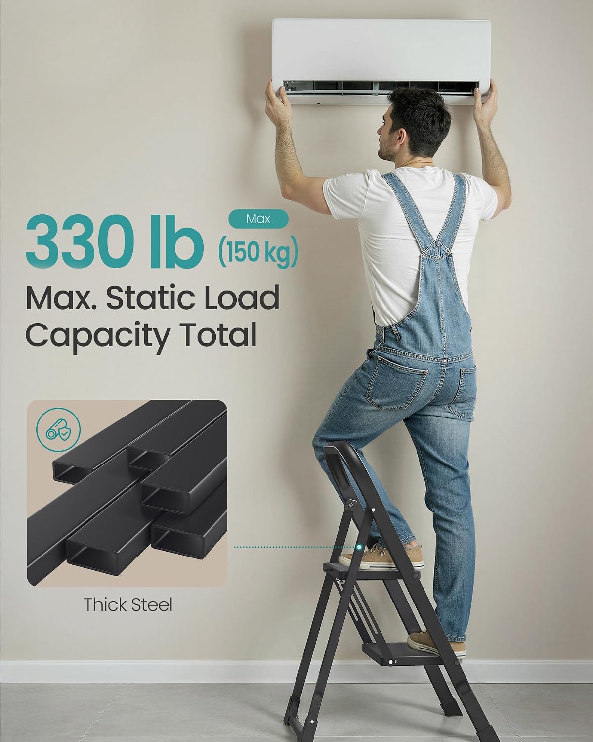 SONGMICS 2-Step Ladder, Folding Step Ladder, Safety, Holds up to 150KG