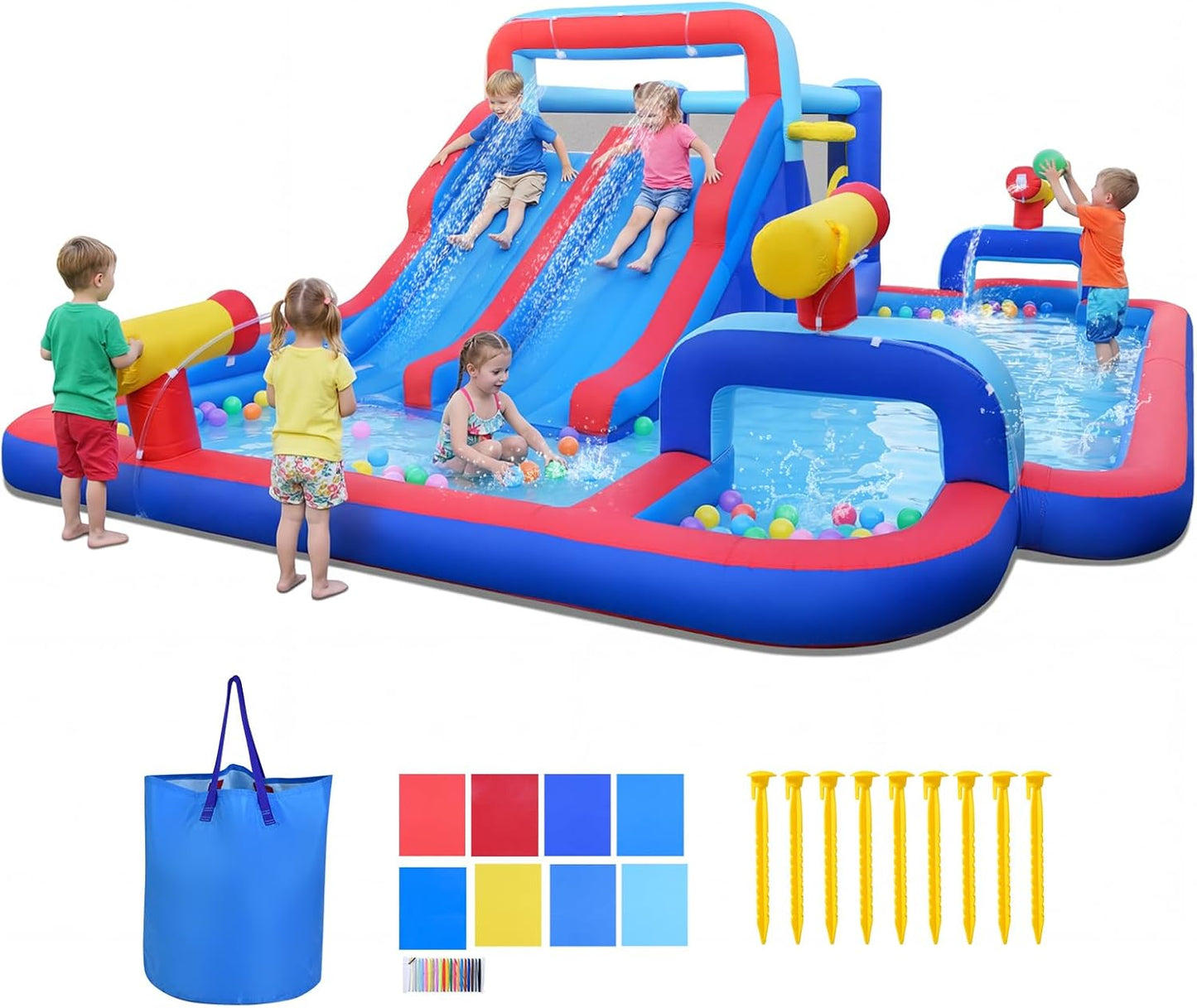 COSTWAY 5-in-1 Inflatable Water Park with Dual Slides, Climbing Wall & Splash Pool — Ages 3-12