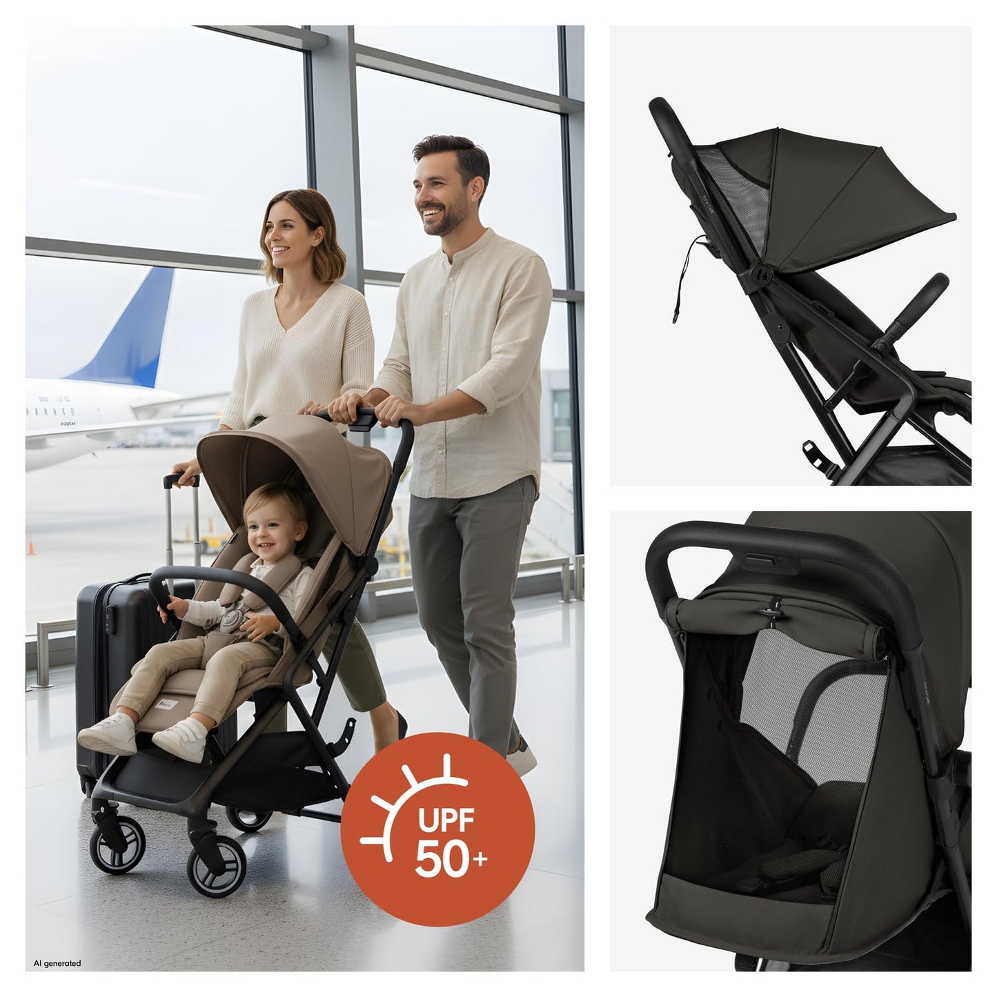 Hauck Fly N Care, Sage Green - Ultra Compact & Light Travel Pushchair (7.5kg) with One Hand Fold, Carry Strap & Bag, Seat Liner, Car Seat Adapter, UPF 50+ Sun Canopy, Fully Reclining Birth to 22 kg