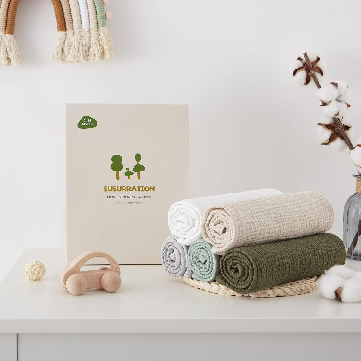 Susurration Muslin Cloths for Baby, 100% Cotton Baby Muslin Squares Cloths for Newborn Boy and Girl, Soft, Breathable and Extremely Absorbent Baby Muslin Burp Cloths, 60 x 60 cm, 5 Pack