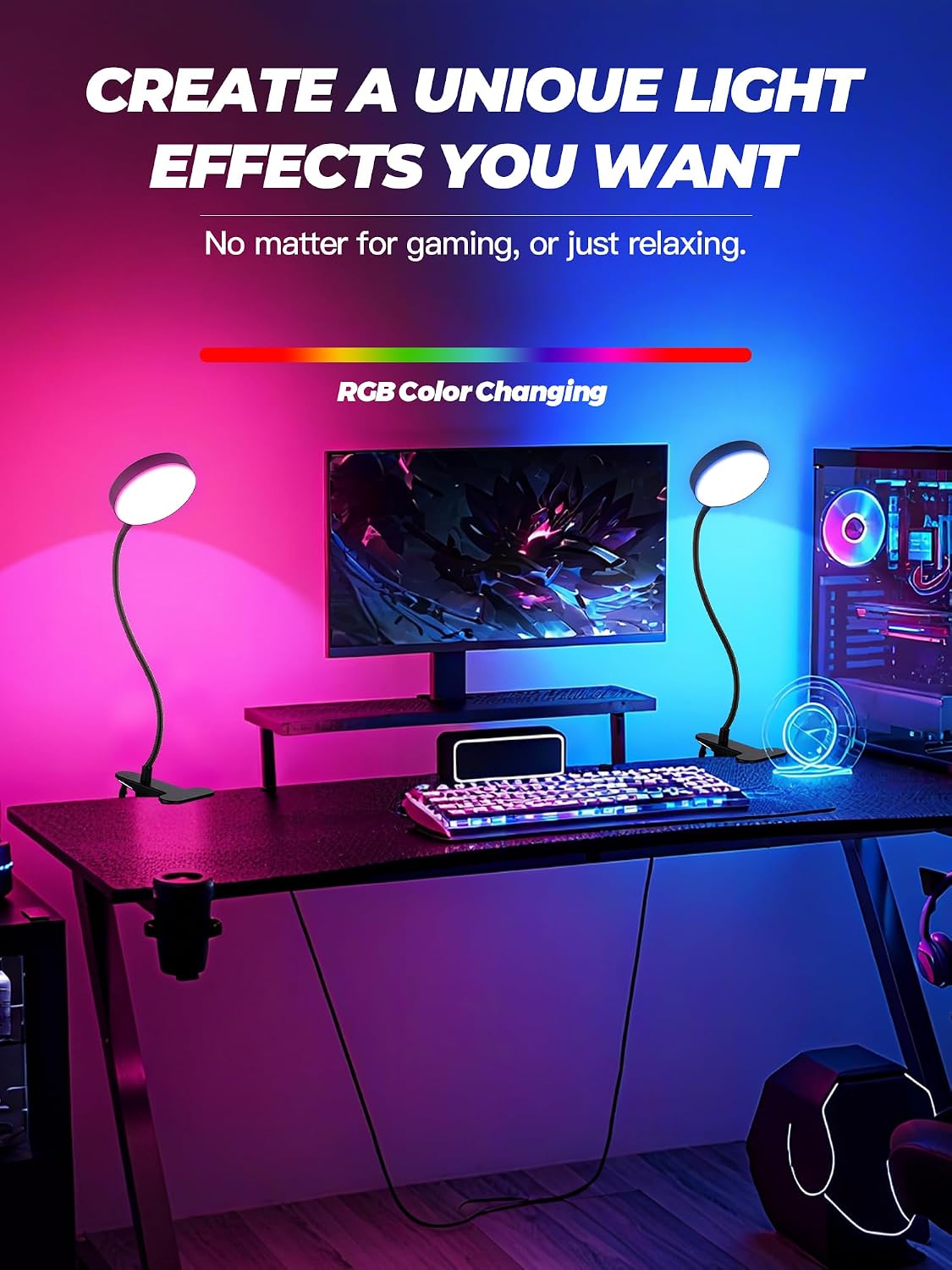 Reading Light,10 RGB Colors Desk Lamp with Clamp,10 Dimmable Clip on Light