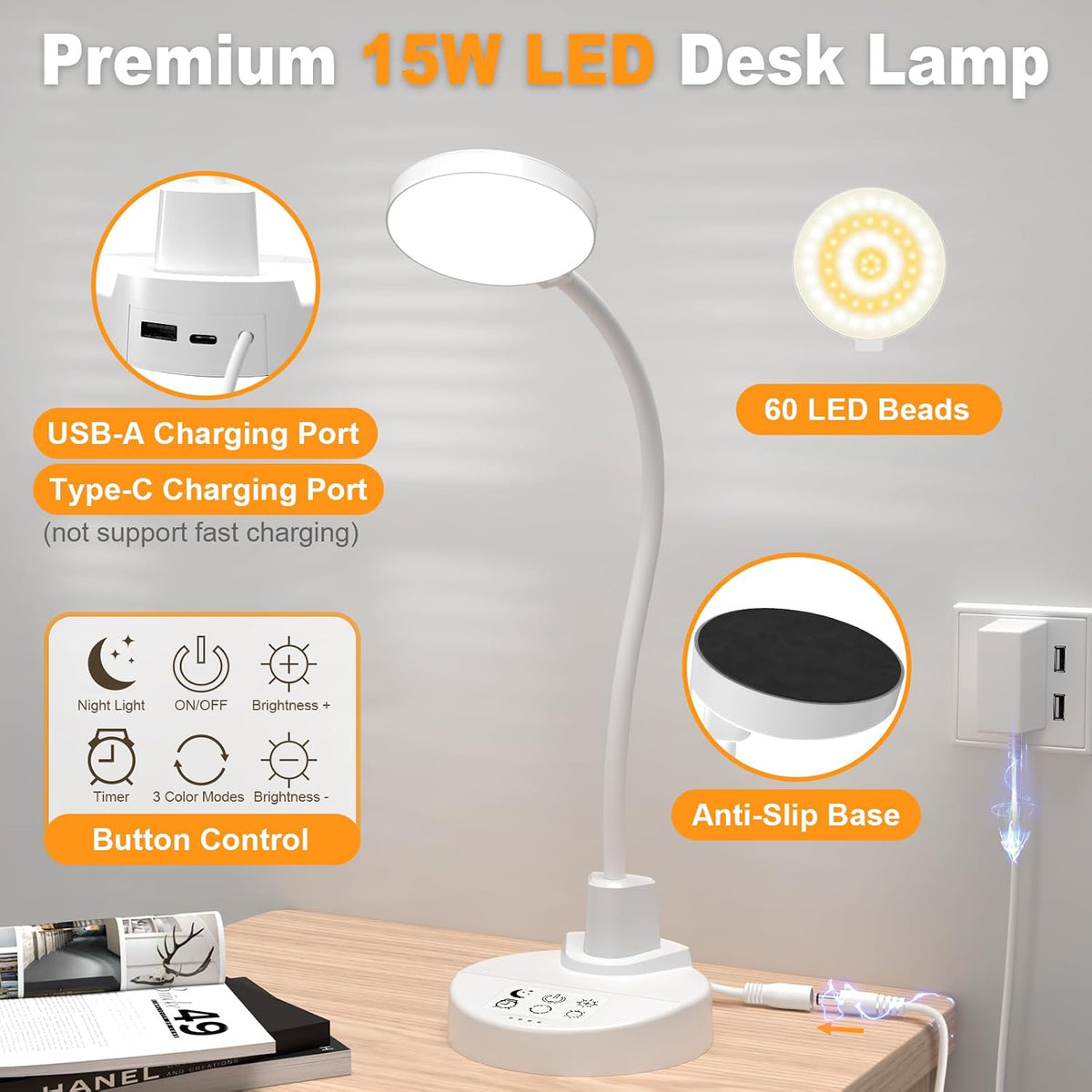 60 LED Desk Lamp with USB Charging Ports – Dimmable Table Lamp with 3 Color Temps, 5 Brightness, 4 Timers, 15W Flexible Gooseneck Light with Base, Eye-Caring Reading Light for Home Office, Bedroom