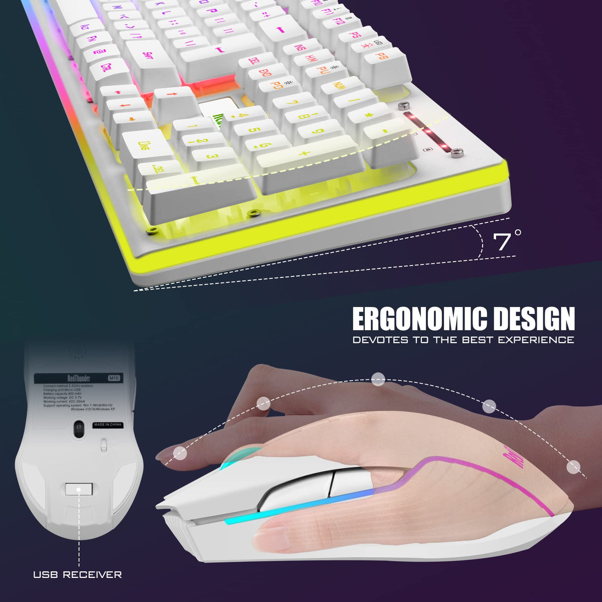 RedThunder K10 Wireless Gaming Keyboard and Mouse Combo, LED Backlit Rechargeable 3800mAh Battery, UK Layout Mechanical Feel Keyboard + 7D 3200DPI Mice for PC Gamer (Black)