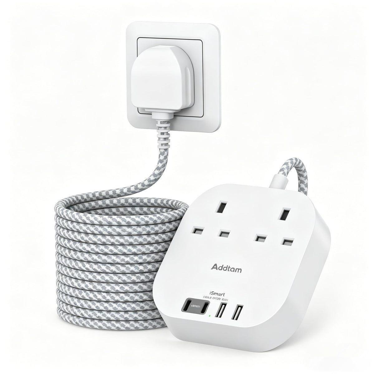 Addtam 3M Extension Lead with USB Slots, Power Strips with 2AC Outlets 4USB