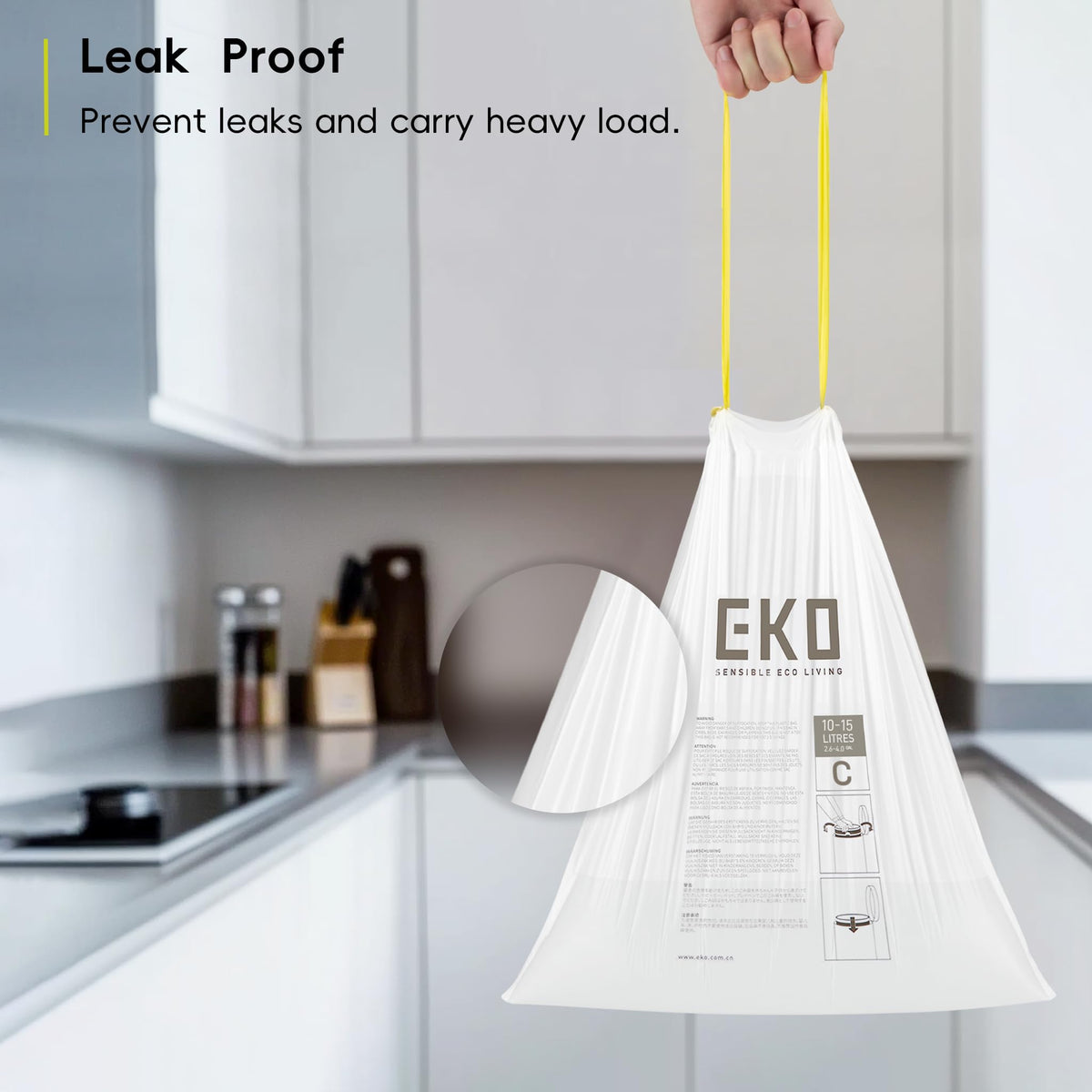 EKO Bin Bags, Kitchen Bin Liners, Drawstring, 40-60 Litre, 12 Count, Code F