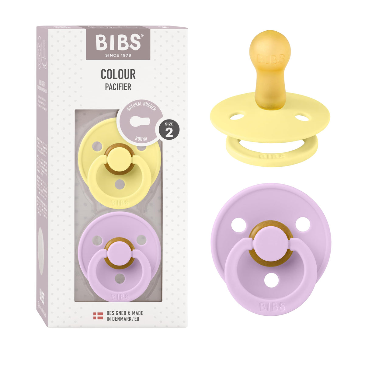 BIBS Colour Soother 2-Pack, BPA Free Dummy Pacifier, Round Nipple. Natural Rubber Latex, Made in Denmark, Size 2 (6-18 Months), Baby Blue