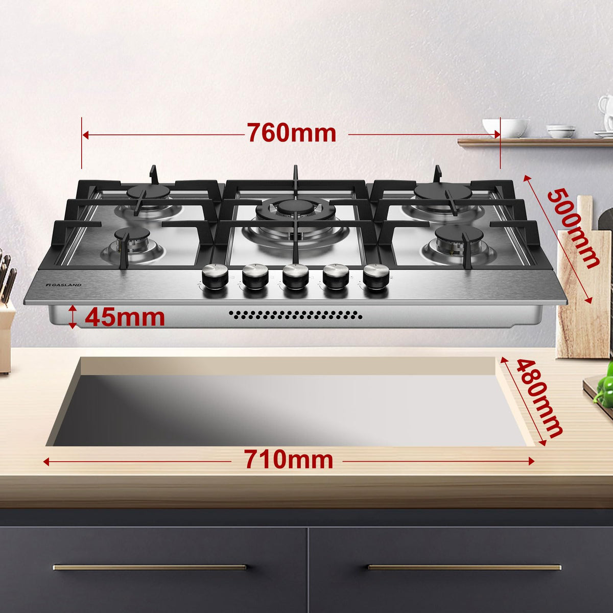 GASLAND GH60SF 60cm Built-in Gas Hob, 4 Burners Stainless Steel Gas Cooktop with Flame Failure Protection, NG/LPG Convertible, 8000W