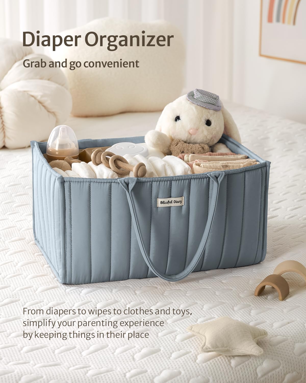 Blissful Diary Nappy Caddy Organiser, Baby Diaper Caddy for Nappy Station, Stylish Storage Basket for Newborn Essentials, Baby Shower Gifts for Girl or Boy, Woodland Cream