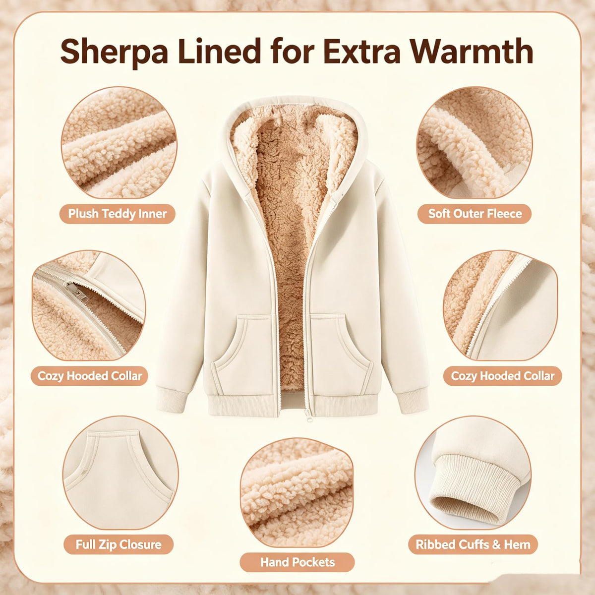 Womens Teddy Fleece Hoodies Sherpa Lined Fuzzy Jacket with Pockets Full Zip Hooded Sweatshirts Ladies Fall Winter Warm Jumper Coat Outwear Thermal Outfits Clothing