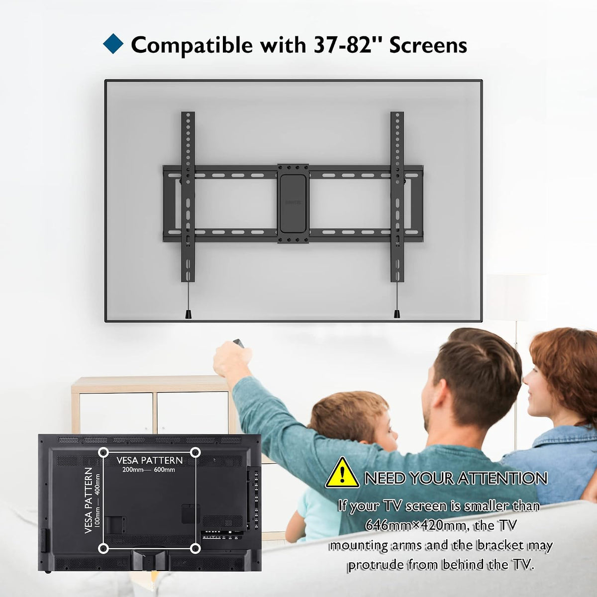 BONTEC TV Wall Bracket for 37-82 Inch TVs, Tilt TV Wall Mount, Up to 60 kg