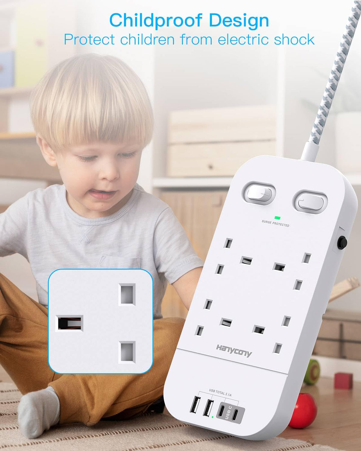 5M Extension Lead Surge Protected, 4 Way Outlets with 2 USB C & 2 USB A