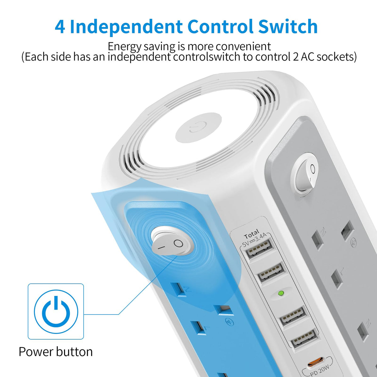 HAFINO Tower Extension Lead 3M with USB Slots and Night Light, 4 Switches