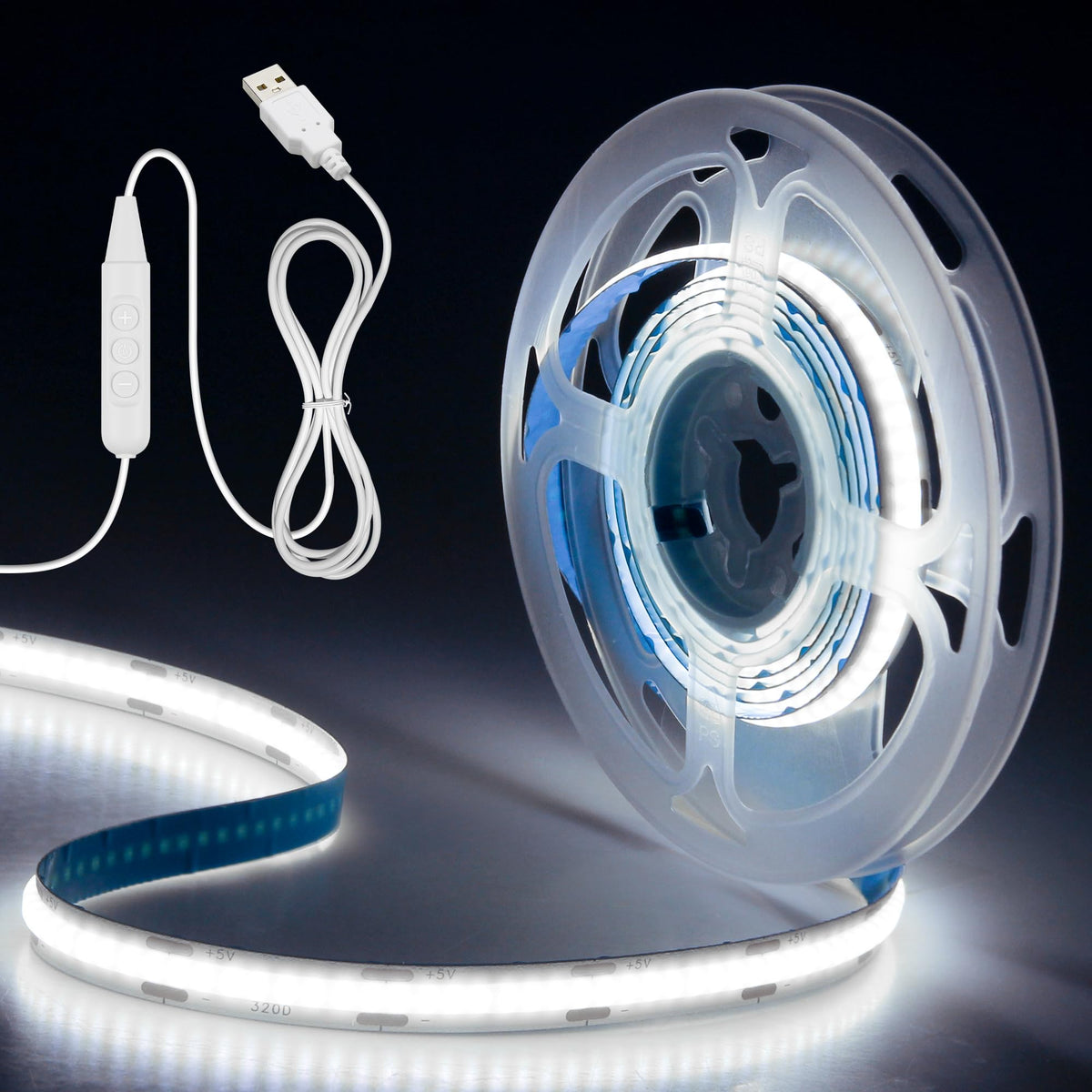 Aclorol 3M COB LED Strip Light Warm White 3000K 5V USB Flexible LED Light Strip 8mm Width Dimmable CRI85+ Dotless Tape Light High Density 320LEDs/M for Bedroom Kitchen Under Cabinet Home Decor