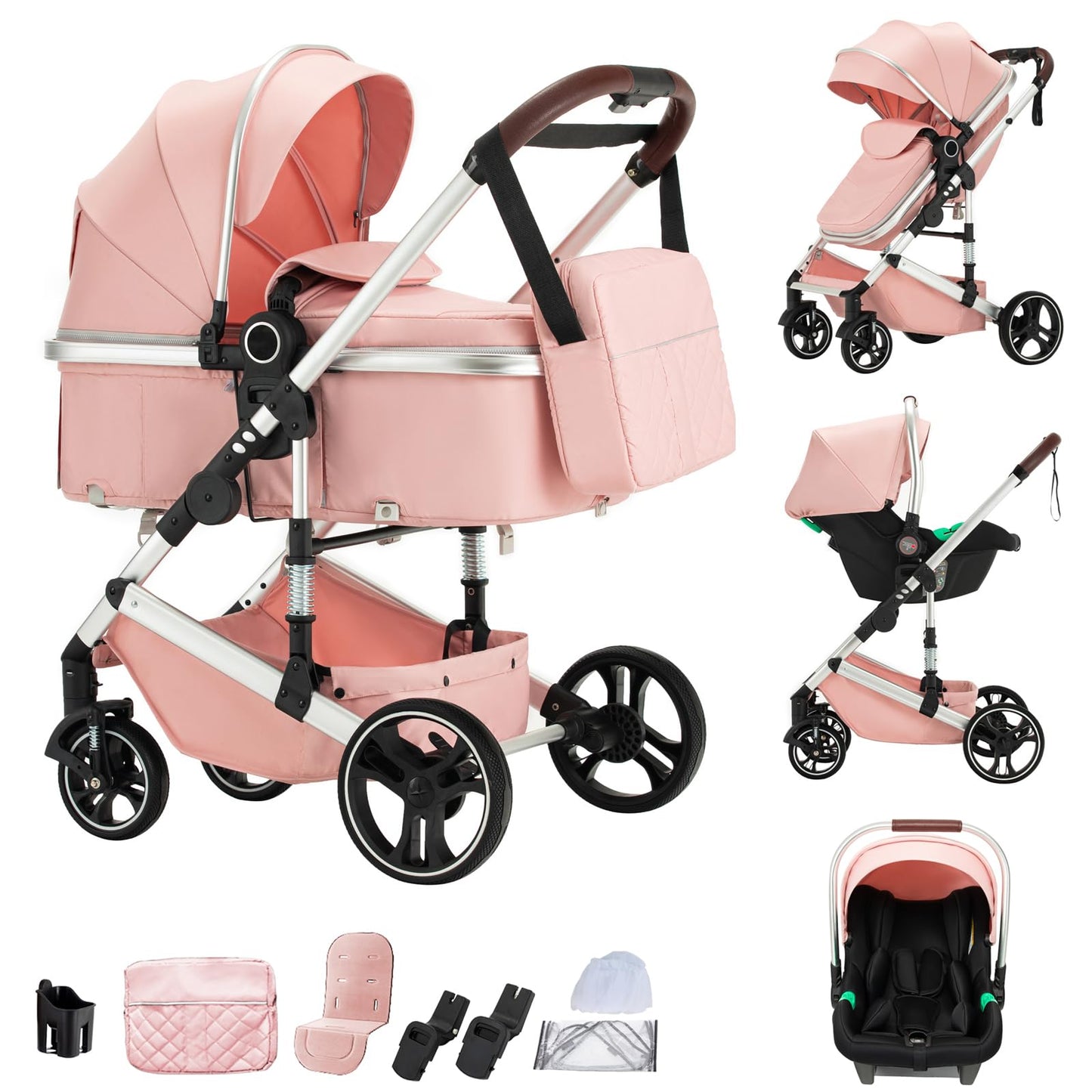 3 in 1 Pram Pushchair Aluminium Frame High Landscape Combined Buggy Lightweight Folding Stroller 3 in 1 Travel System Pram for Newborns Toddlers 0-36 Months from Birth (H9-Pink, H9)