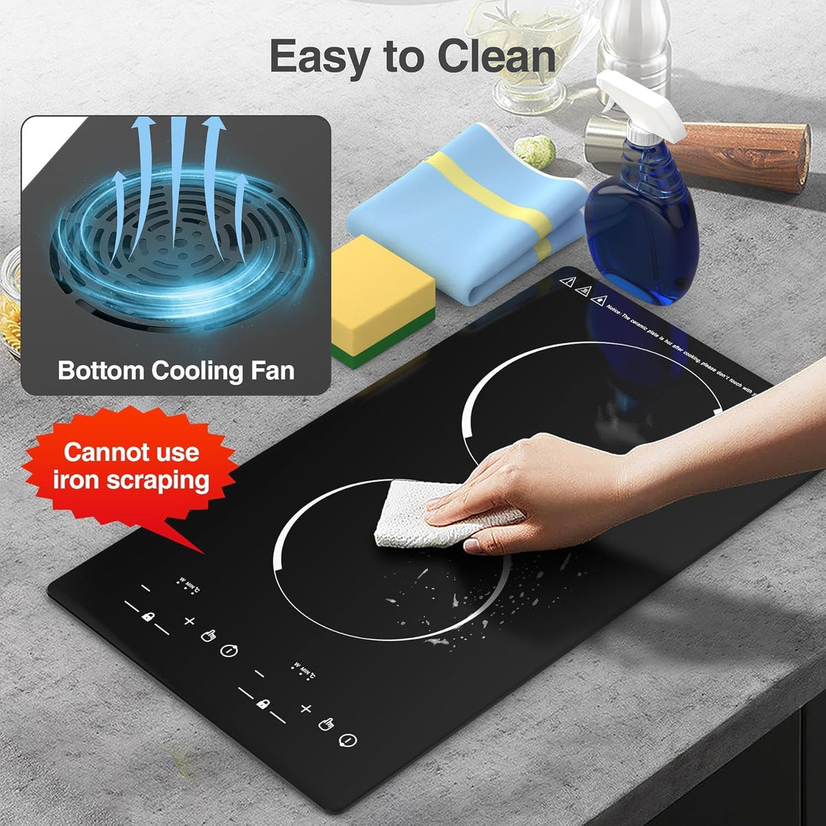 VBGK Portable Ceramic Hob, 2000W Portable Electric Hob, Electric Ceramic Hob, Single Cooking Zone with LED Display, 4-Hours Timer, Safety Lock, Residual Heat Indicator