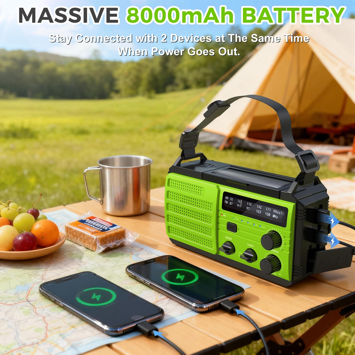 8000mAh Emergency Wind Up Radio, Hand Crank Solar, AM/FM Radio with 3-Mode Flashlight, 2-Mode Reading Lamp, SOS Alarm with USB Phone Charger for Emergency Outdoor